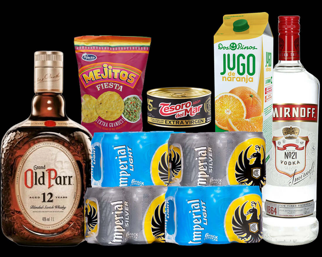 Party Pack 5 - Whiskey, Smirnoff, Imperial Beer, Orange Juice + 2 Snacks
